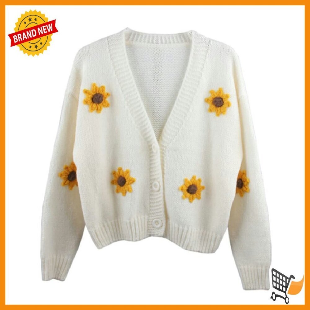 Polyester Button Down V-Neck Crop Cardigan Sweater with Floral Embroidery
